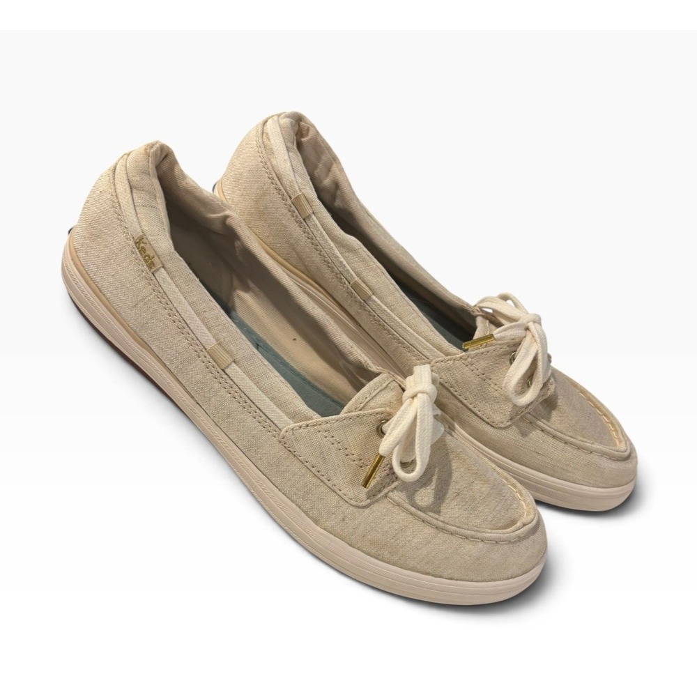 Keds Women's 9 Beige Linen Canvas Boat Shoes Ortholite Lace Up Sneakers WF5858